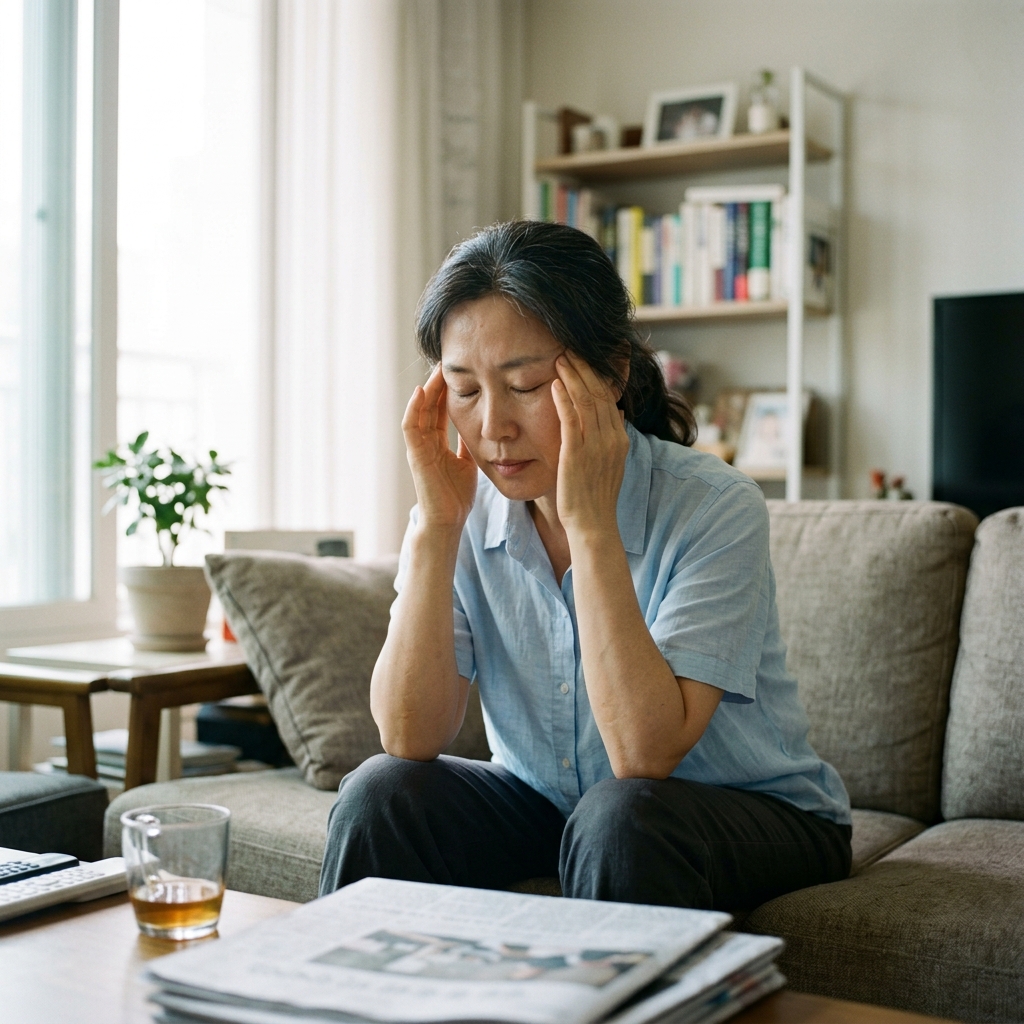 얇은 반팔 셔츠를 입은 중년 여성이 밝은 거실에서 눈을 감고 눈가를 손가락으로 지그시 누르며 피로감을 느끼는 모습