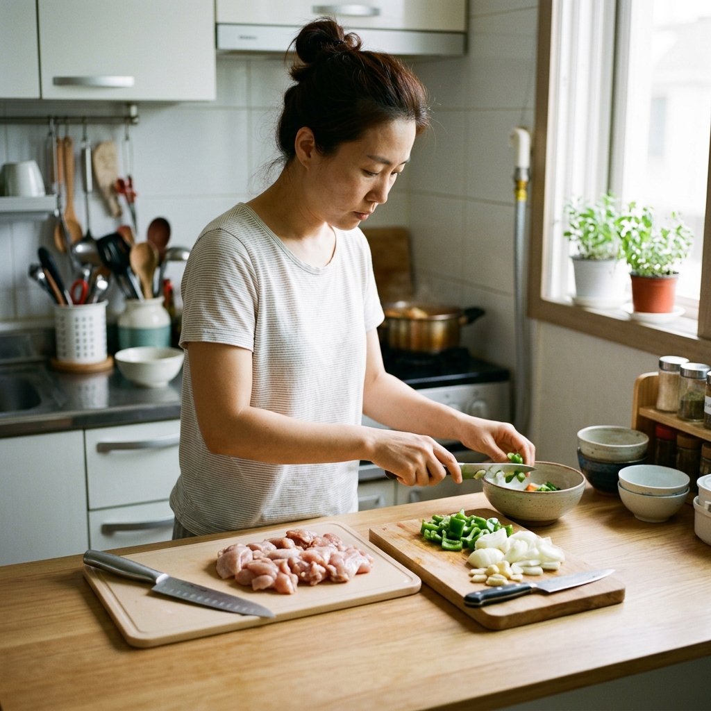 주방 조리대 위에 생닭용 도마와 채소용 도마가 구분되어 놓인 모습, 칼도 각각 분리되어 있고 밝은 주방 조명 아래 정돈된 여름철 조리 준비 장면