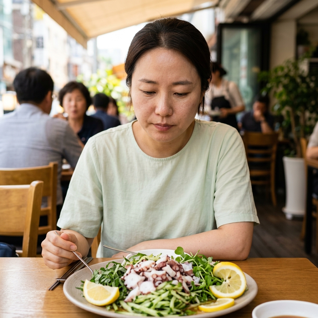 접시에 삶은 문어와 신선한 녹색 채소가 함께 담겨 있고, 레몬 슬라이스가 곁들여진 여름 식탁