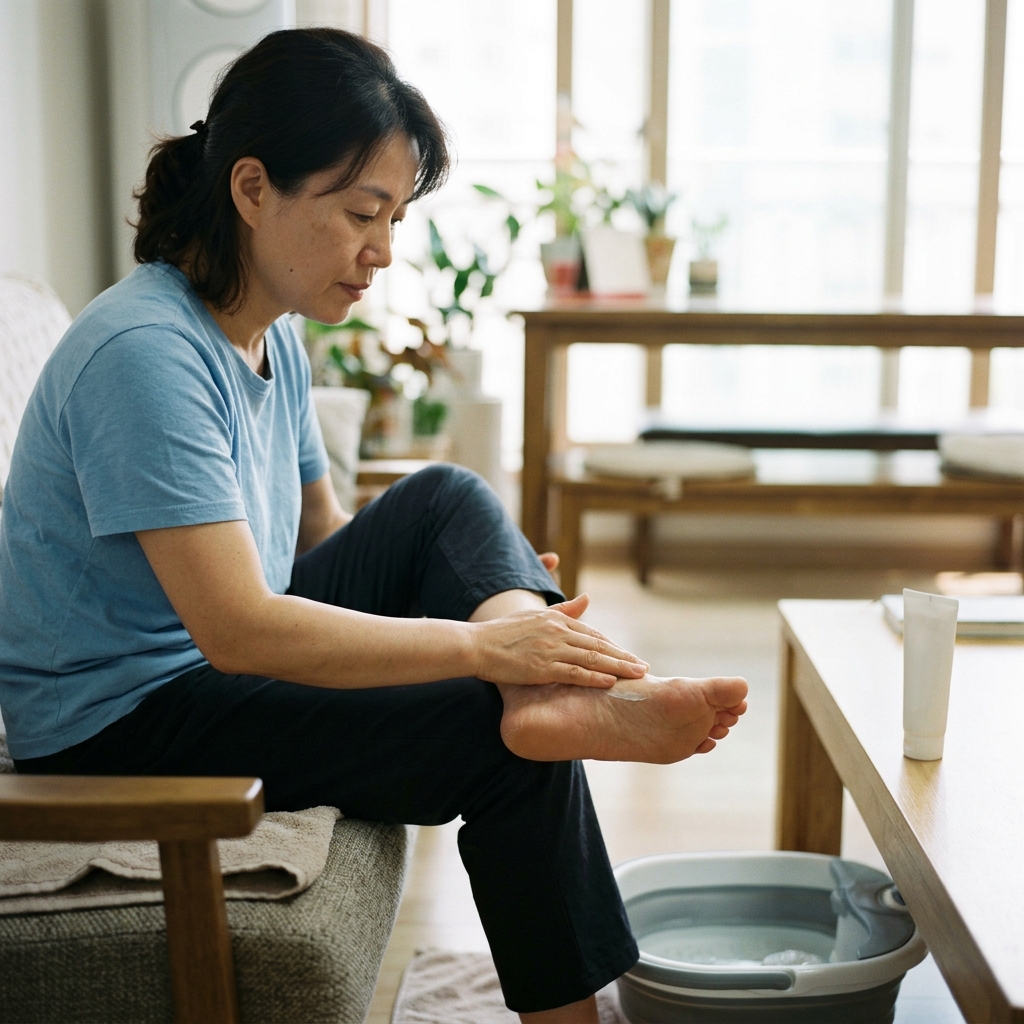 족욕 후 발에 크림을 바르고 있는 중년 여성의 모습, 밝은 실내, 반팔 차림