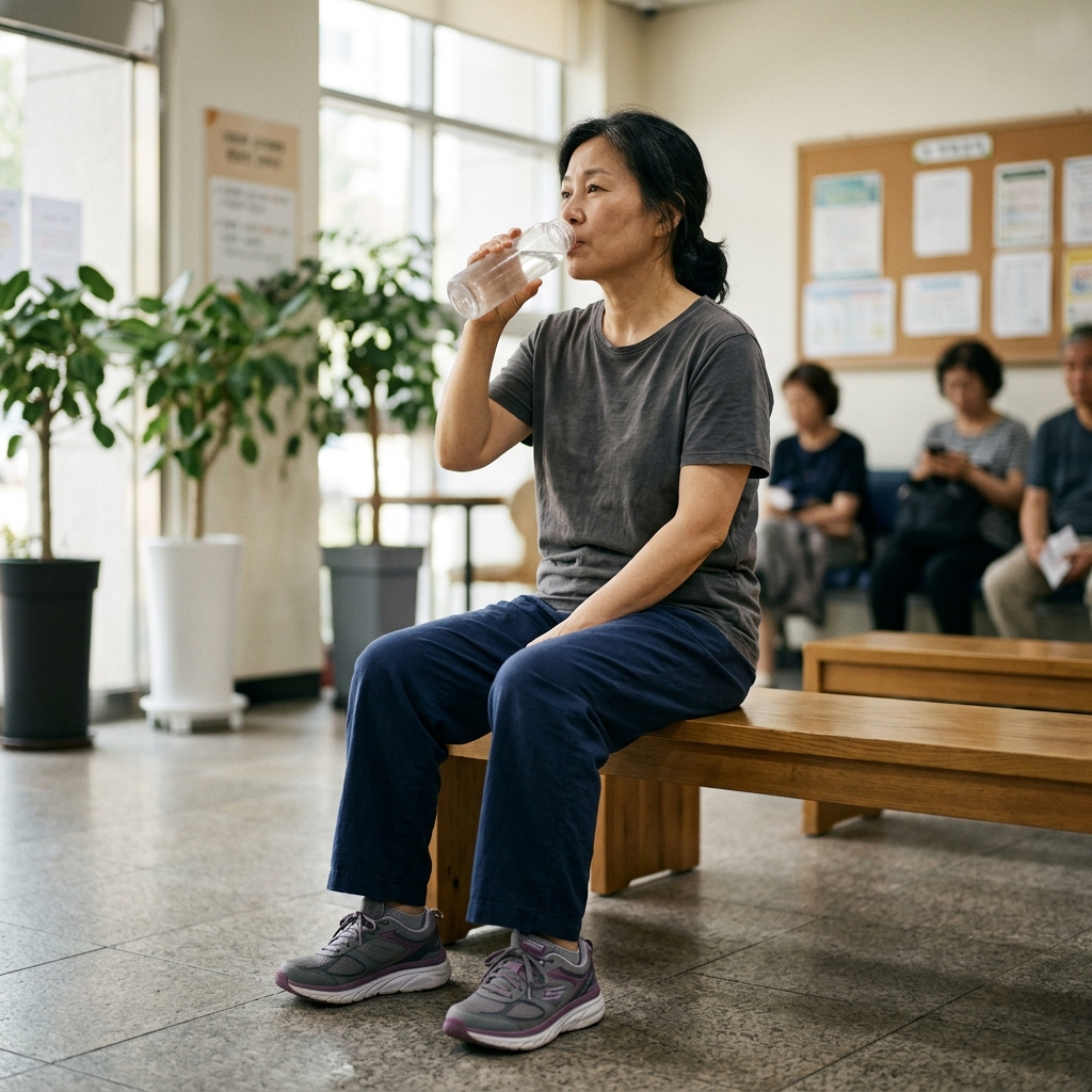 쿠션감 있는 편안한 신발을 신고 물을 마시는 중년 여성, 실내, 반팔 티셔츠 차림
