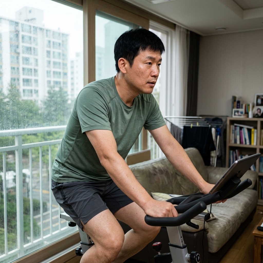 실내 자전거를 타고 있는 40대 남성, 창밖으로 비 오는 풍경이 보이는 거실