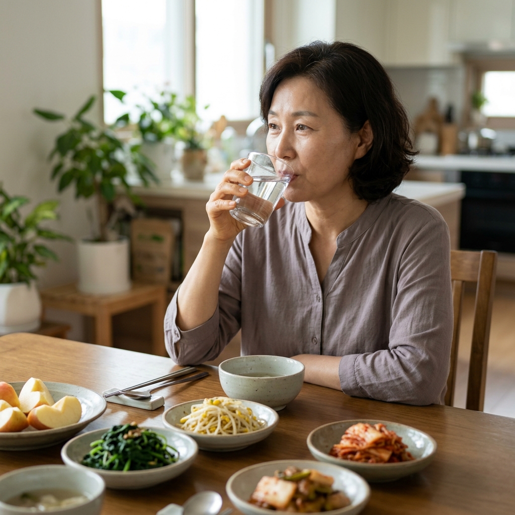 중년 여성이 식탁에서 채소 반찬과 과일이 담긴 접시를 앞에 두고 물을 마시는 모습