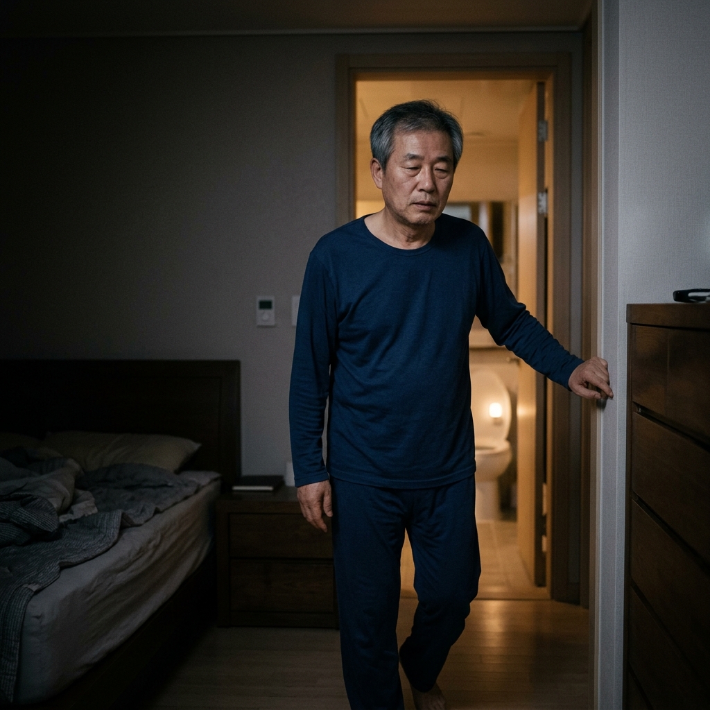 60대 남성이 밤에 침실에서 일어나 화장실로 향하는 모습, 어두운 실내, 긴팔 잠옷, 피곤한 표정