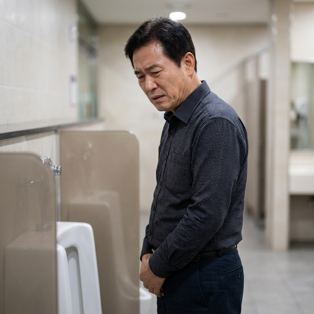 60대 남성이 화장실에서 소변을 보며 불편한 표정을 짓는 모습, 실내 조명, 긴팔 셔츠