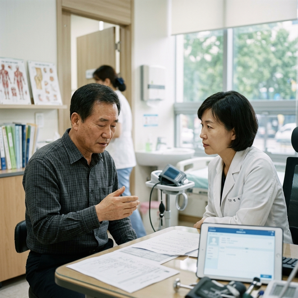 60대 남성이 병원 진료실에서 의사와 상담하는 모습, 밝은 실내, 긴팔 셔츠, 차분한 분위기