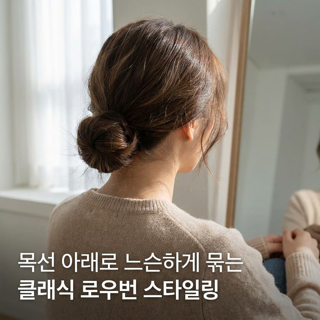 목선 아래로 느슨하게 묶는 클래식 로우번 스타일링