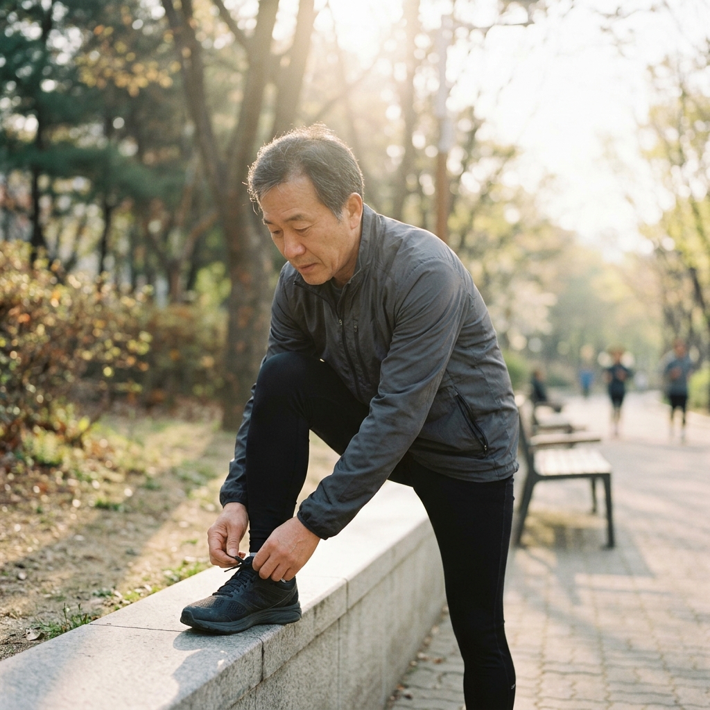 주말 아침 공원에서 조깅복 차림으로 달리기 준비 중인 50대 남성의 모습, 배경에는 햇살이 비치고 있다