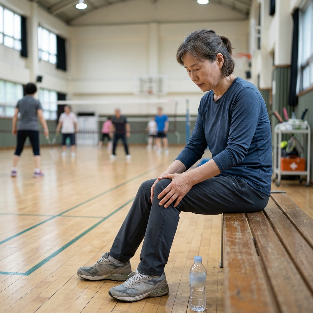 운동 후 무릎을 감싸 쥐고 앉아 있는 60대 여성의 모습, 실내 체육관 배경