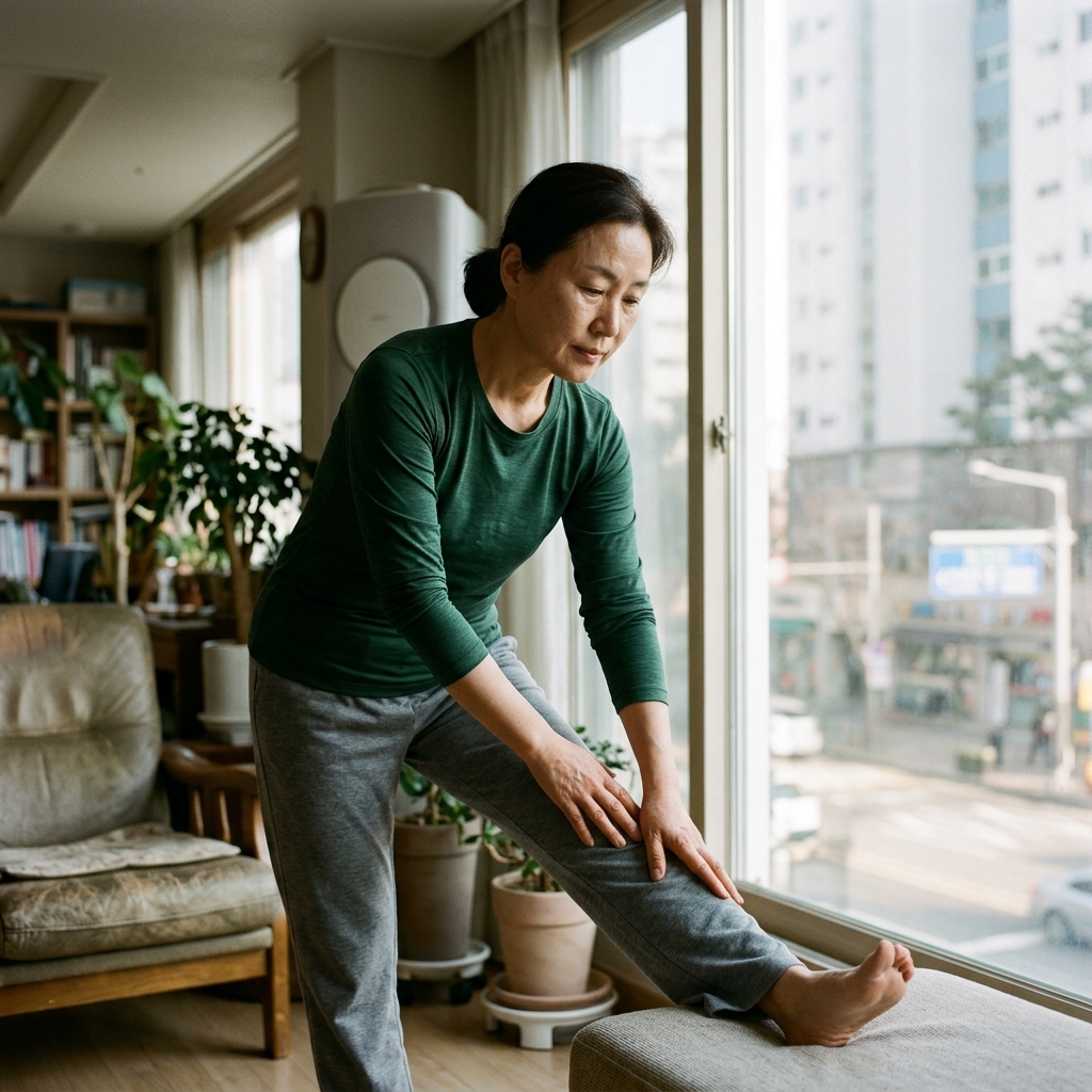 실내에서 가벼운 스트레칭을 하는 50대 여성의 모습, 창밖으로 평일 낮 풍경이 보인다