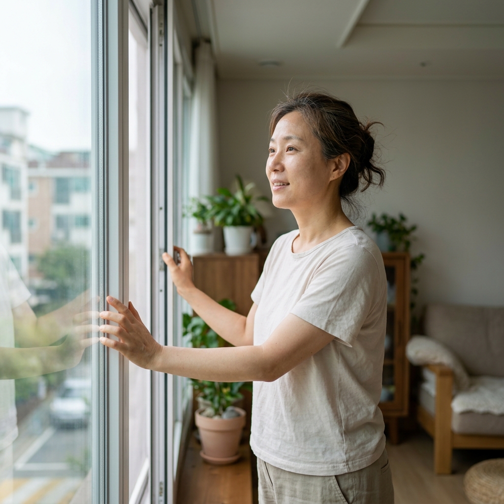 40대 여성이 거실 창문을 열어 환기하는 장면, 짧은 소매 블라우스, 자연광 들어오는 실내