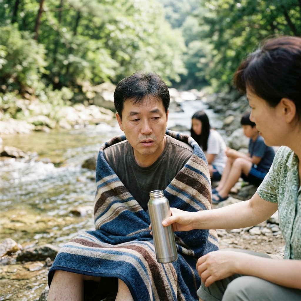 계곡 물가에서 물 밖으로 나와 담요에 몸을 감싼 채 앉아 있는 중년 남성, 입술이 창백하고 떨리는 모습, 가족이 옆에서 따뜻한 물통을 건네고 있는 장면, 밝은 여름 햇살과 얕은 계곡 물줄기 배경