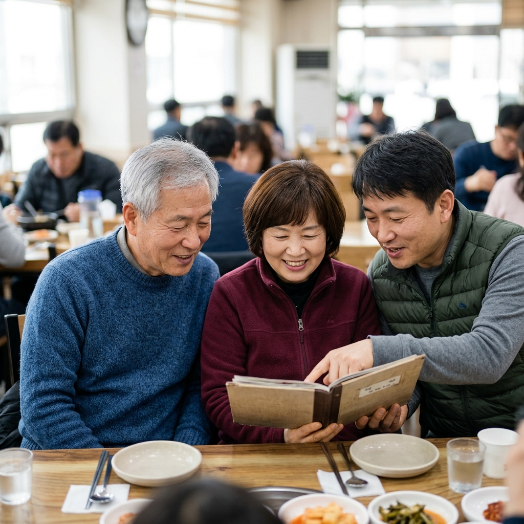 식당 테이블에 앉아 메뉴판을 함께 보는 60대 부부와 40대 자녀, 밝은 실내 조명, 따뜻한 분위기
