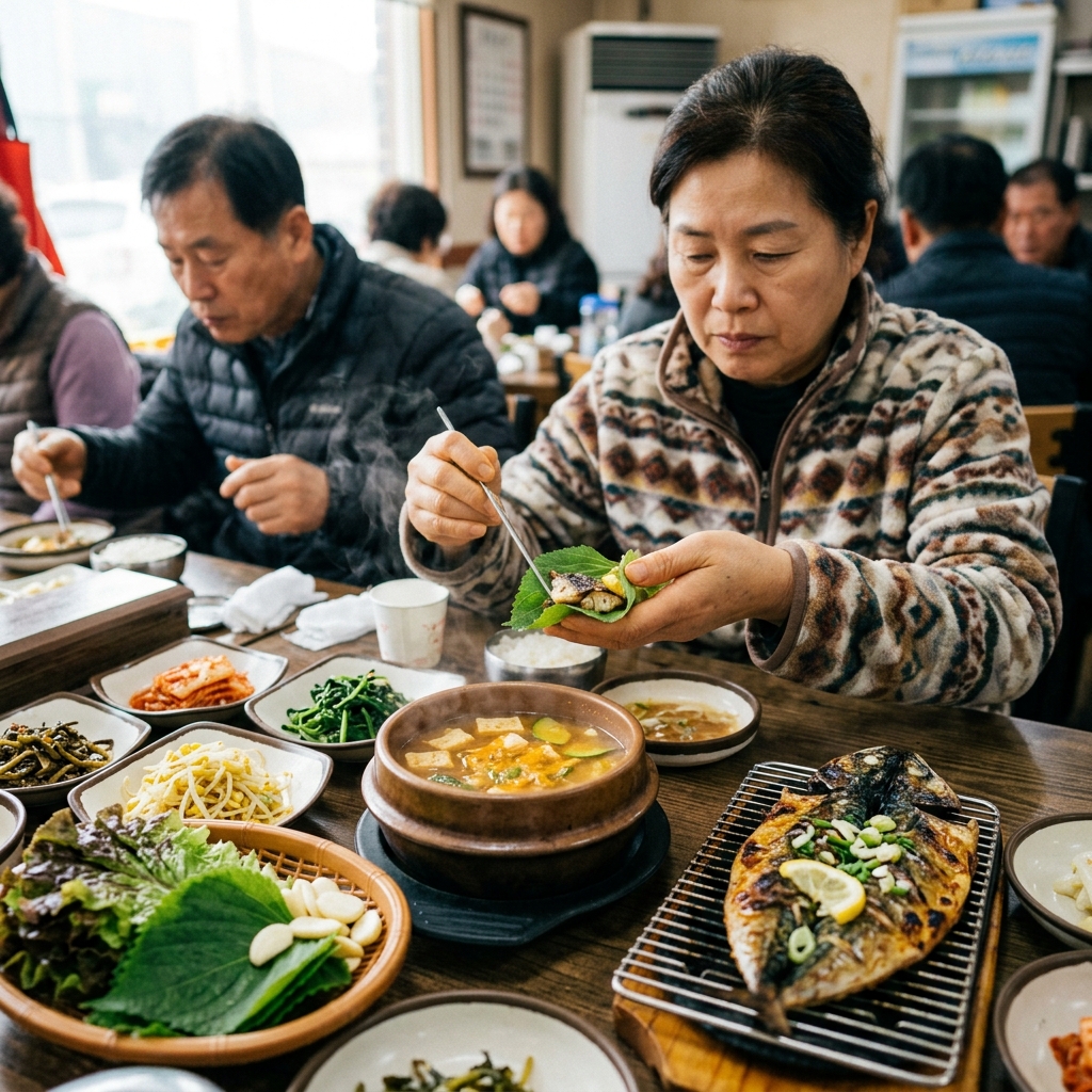 식탁 위에 놓인 한식 정식, 쌈 채소와 생선구이, 된장찌개가 보이는 구도
