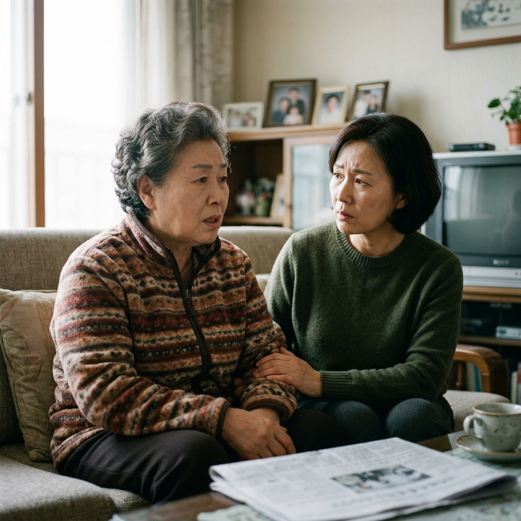 거실 소파에 앉아 대화 중 같은 질문을 반복하는 70대 어머니와 곁에서 걱정스러운 표정으로 바라보는 50대 딸의 모습
