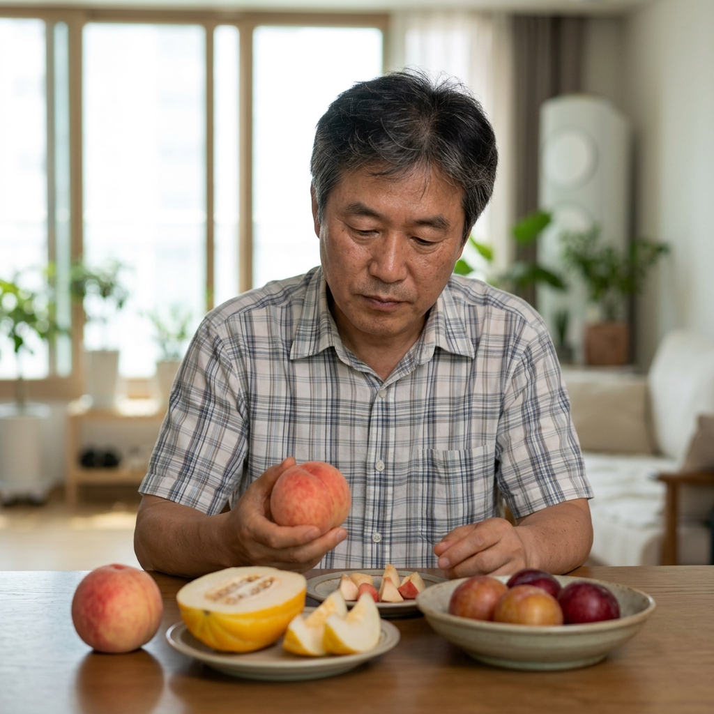 테이블 위에 놓인 복숭아 참외 자두를 비교하며 고민하는 중년 남성의 모습, 여름 실내 배경