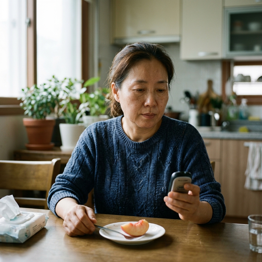 혈당 측정기를 손에 들고 복숭아 한 조각을 앞에 둔 중년 여성, 실내 식탁 배경