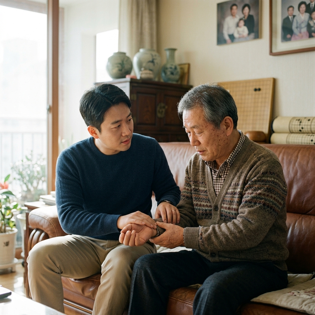 명절에 부모님 댁 거실에서 자녀가 부모님과 대화하며 건강 상태를 살피는 장면
