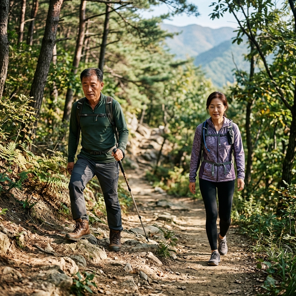 등산화를 신고 산길을 오르는 중년 남성과 평지를 가볍게 걷는 중년 여성이 나란히 있는 모습, 자연스러운 햇살이 비치는 오전 풍경