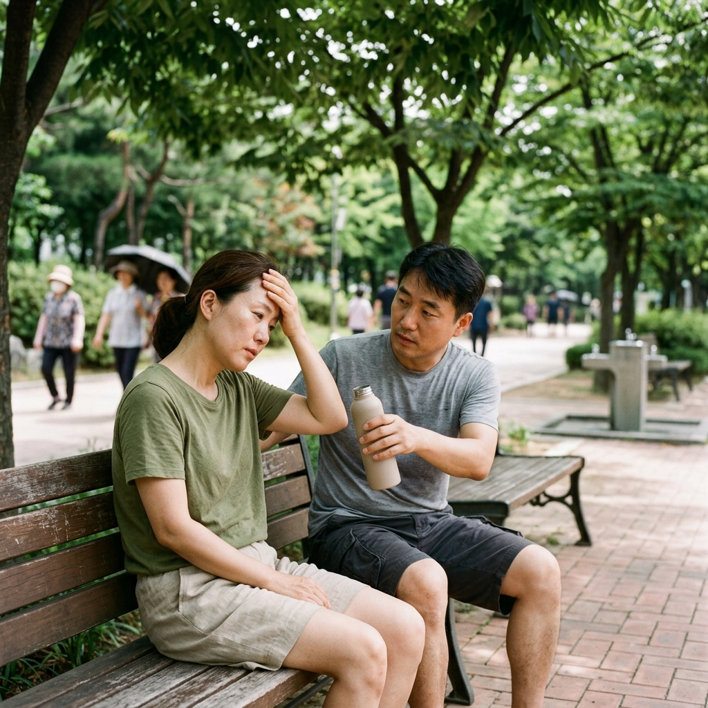 한여름 야외 공원에서 그늘 벤치에 앉아 이마를 짚고 있는 40대 여성, 옆에서 물병을 건네는 동반자