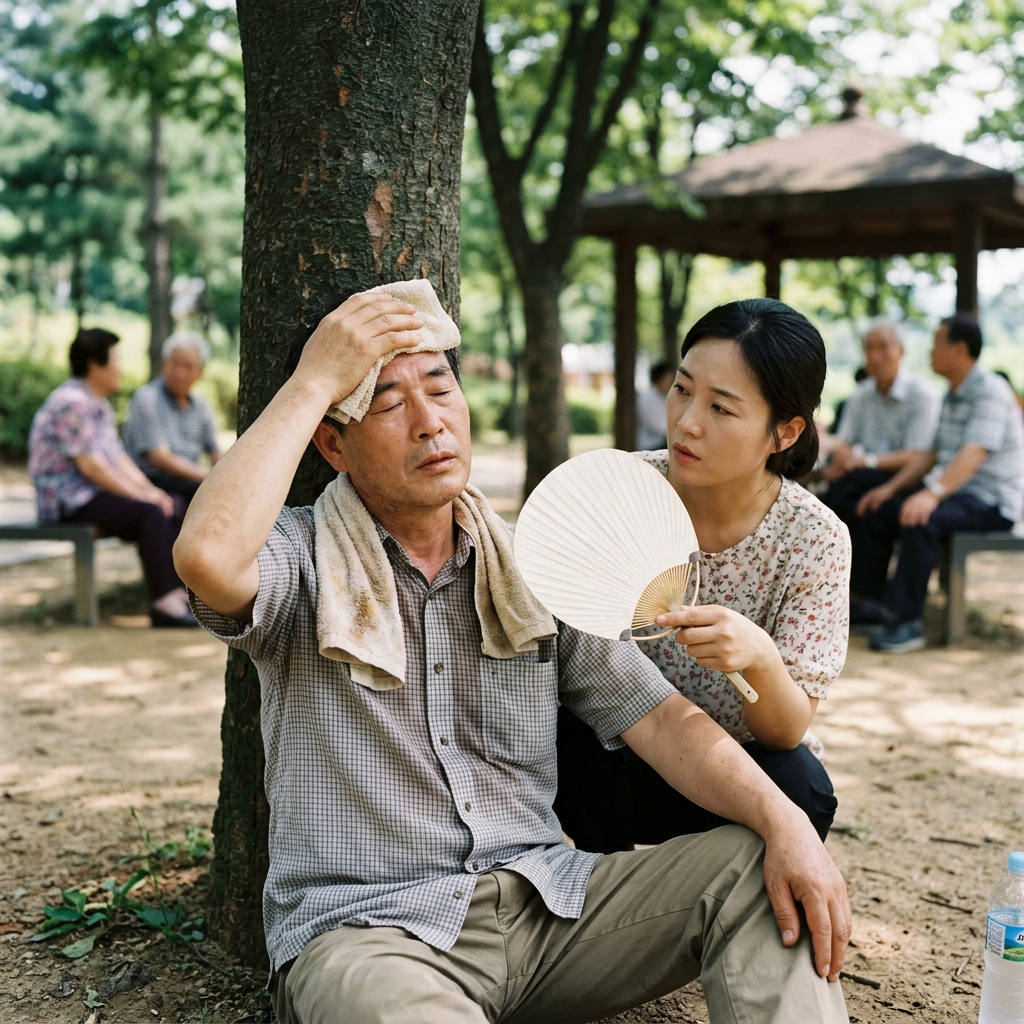 야외 그늘 아래 땅바닥에 앉아 목과 이마에 젖은 수건을 대고 있는 60대 남성, 옆에서 부채질하는 보호자