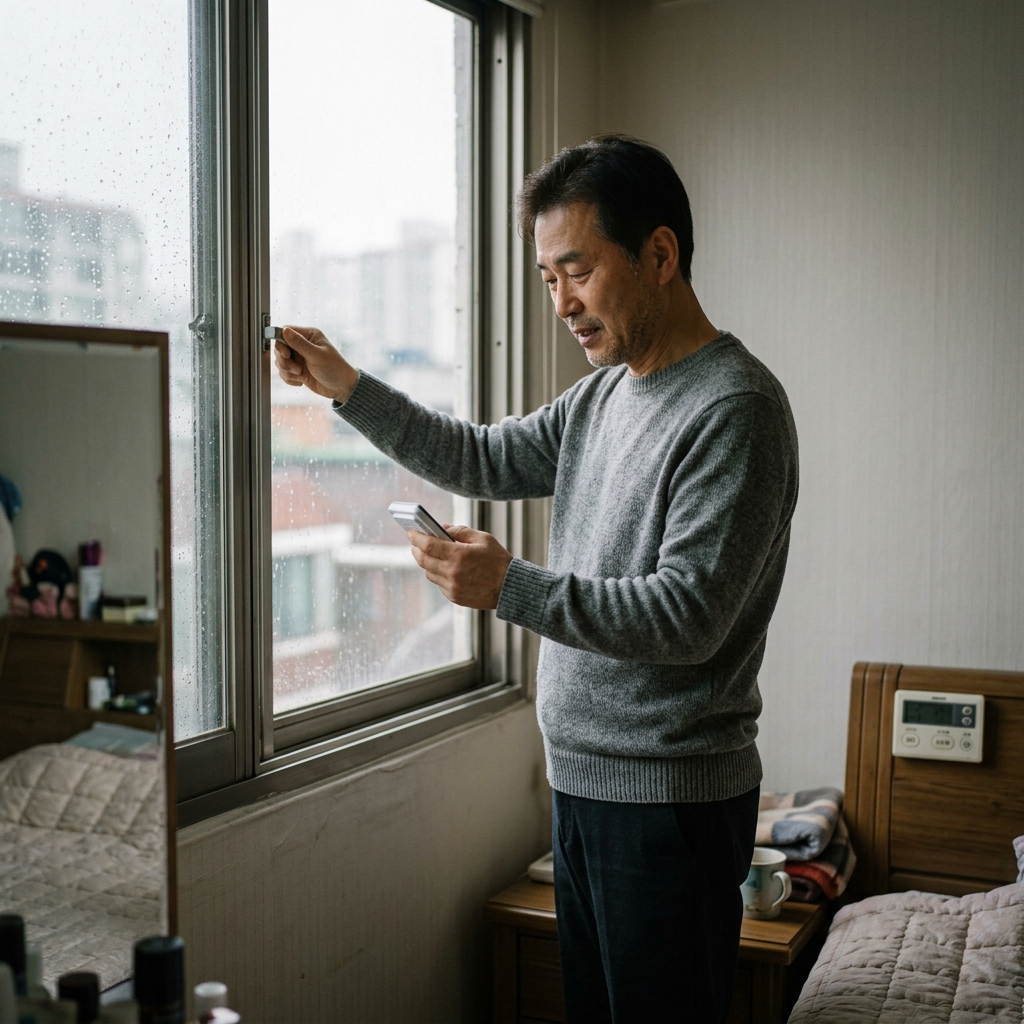 중년 남성이 실내 온습도계를 확인하며 창문을 열어 환기하는 장면, 침대 옆 탁자에 보일러 리모컨이 놓여 있고 빗방울이 창밖으로 보임