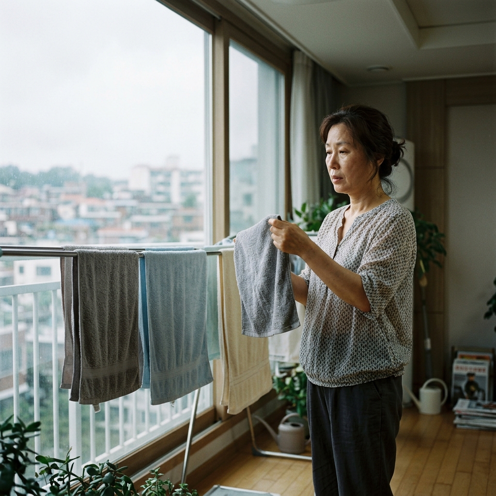 장마철 실내에서 넓은 창가에 걸린 수건들, 얇은 구름 사이로 들어오는 흐린 빛, 50대 후반 한국인 여성이 수건을 만지며 상태를 확인하는 모습