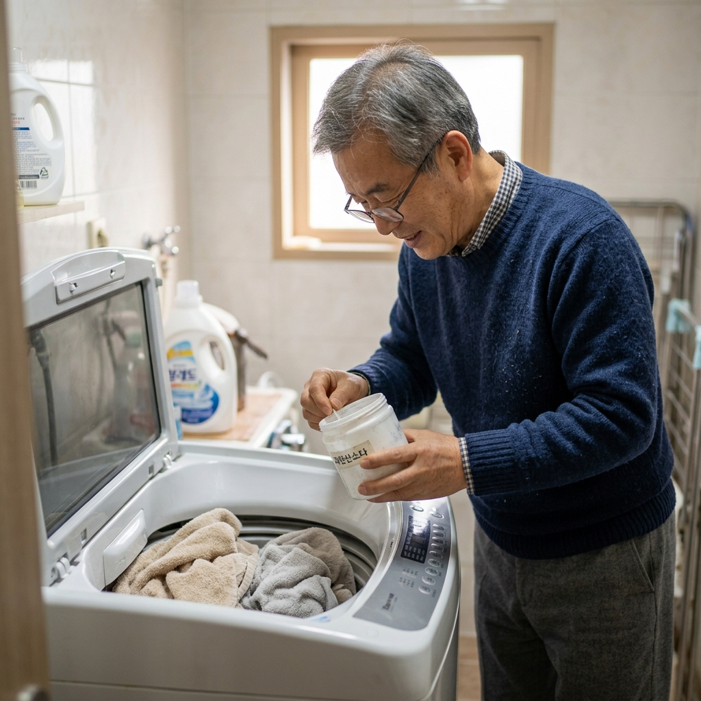 세탁기 안에 수건과 과탄산소다 용기가 놓인 모습, 따뜻한 실내 조명 아래 60대 후반 한국인 남성이 세제 양을 확인하는 장면