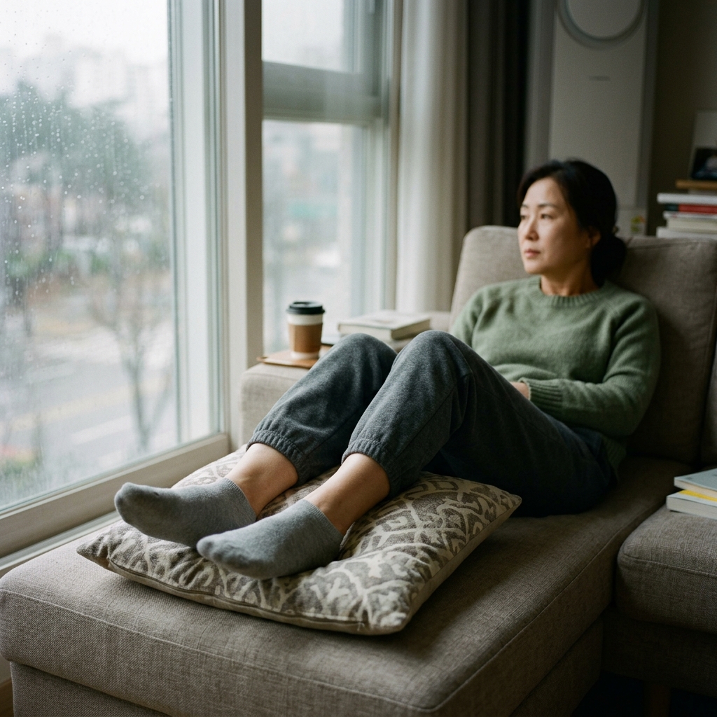실내 소파에 누워 쿠션 위에 다리를 올린 중년 여성, 발목과 종아리 부위가 보이는 장면, 창밖으로 비 내리는 흐린 하늘