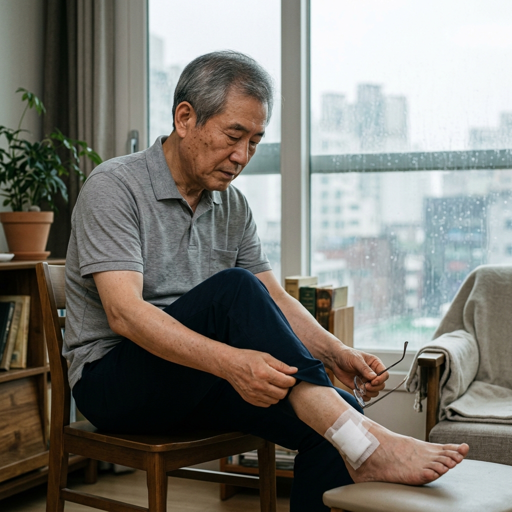 실내에서 얇은 반팔 셔츠를 입은 70대 환자가 발목 부위 거즈를 확인하며 앉아 있고, 창밖으로 빗방울이 흐르는 흐린 날씨가 보이는 장면