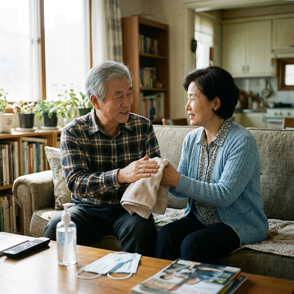 70대 부부가 거실 소파에 앉아 함께 수건으로 손을 닦으며 대화하는 모습, 창밖으로 여름 햇살이 들어오고 탁자 위에 손소독제와 마스크가 놓여 있는 안정적인 실내