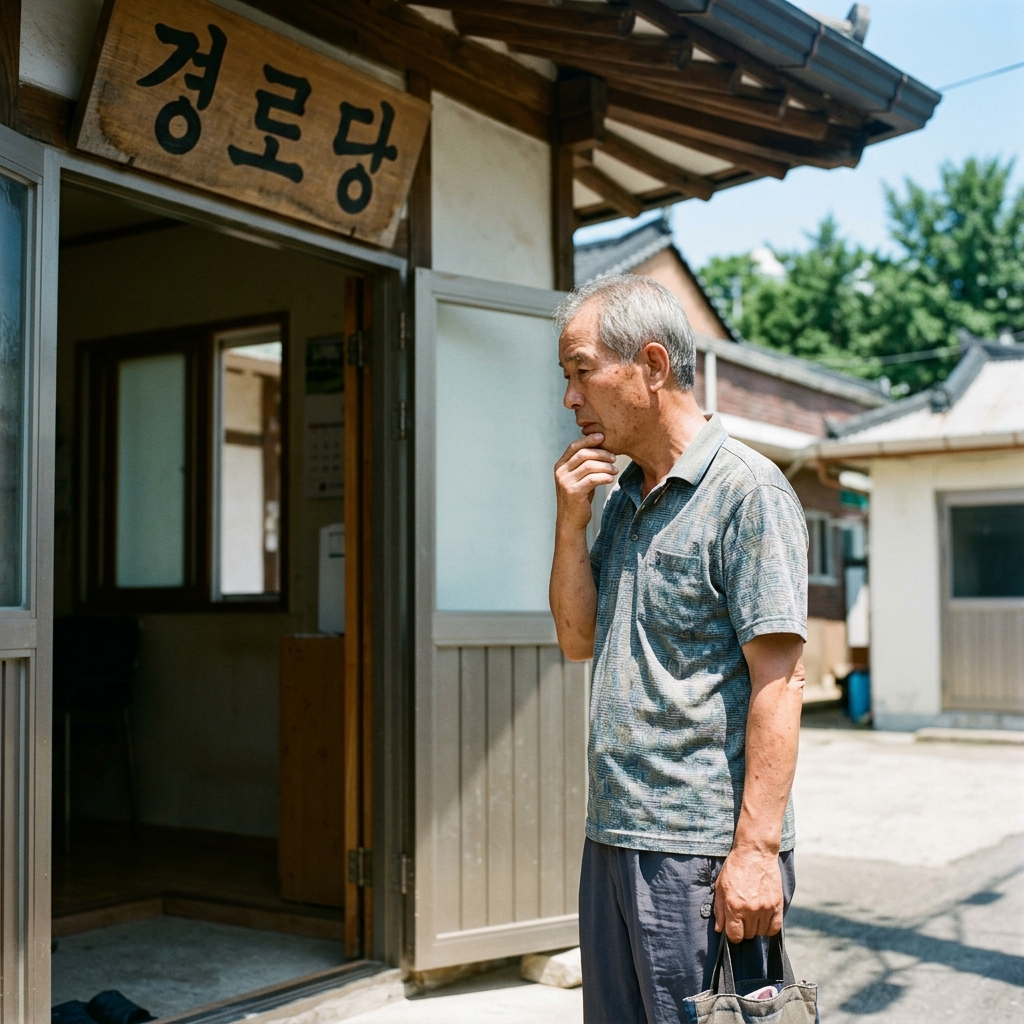 70대 어르신이 경로당 입구 앞에서 망설이며 서 있는 모습, 한여름 햇살이 강하고 반팔 차림
