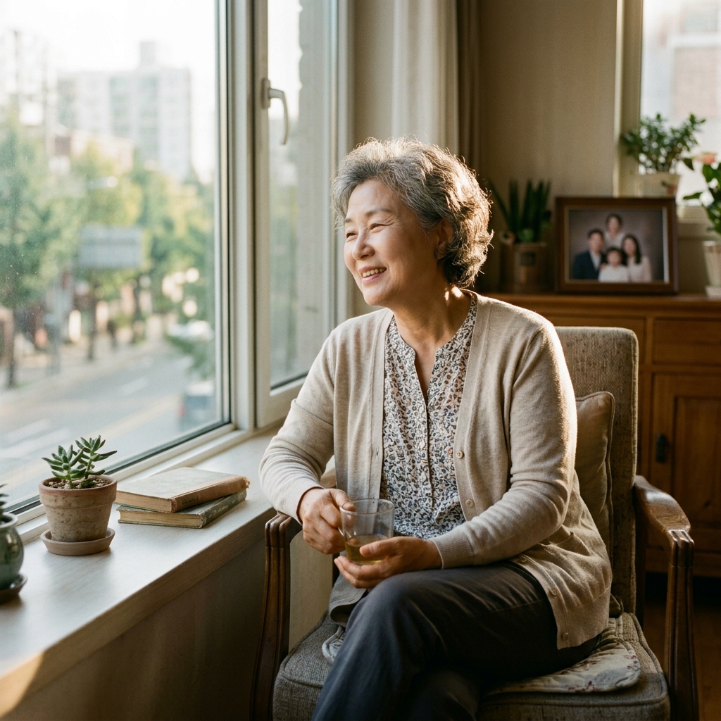 창가에 앉아 햇빛을 받으며 휴식 중인 60대 여성, 얇은 밝은 색 카디건 착용, 편안한 표정
