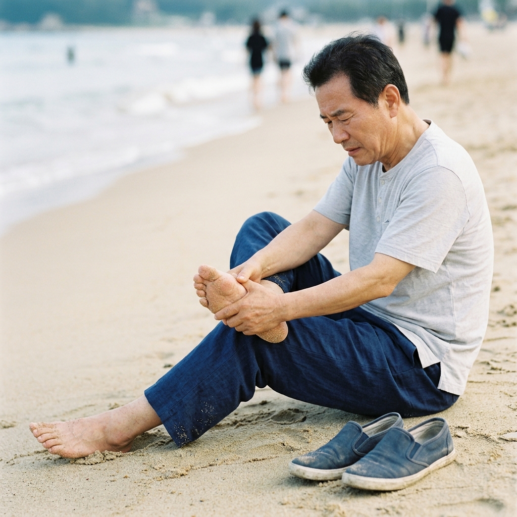 60대 남성이 해변 모래사장에 앉아 발을 만지며 불편함을 느끼는 모습, 긴바지와 가벼운 면 셔츠 착용