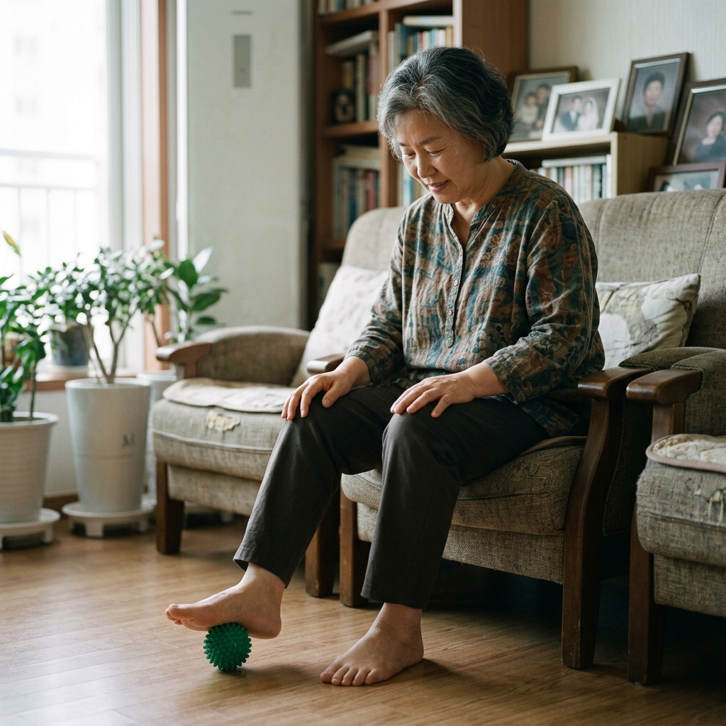 60대 여성이 실내에서 의자에 앉아 발바닥으로 작은 공을 굴리며 마사지하는 모습, 긴소매 블라우스 착용