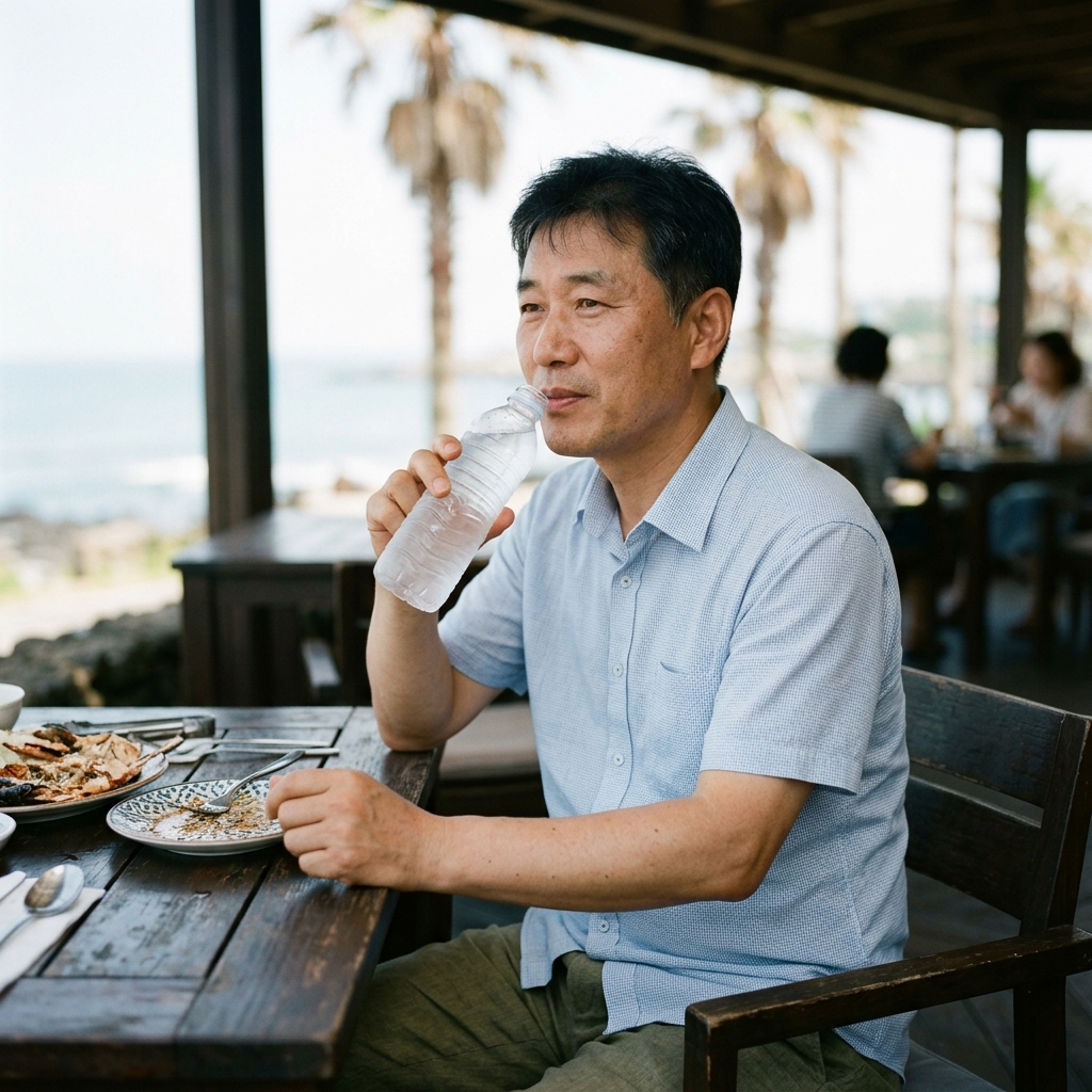 휴양지 레스토랑에서 생수병을 손에 든 중년 남성