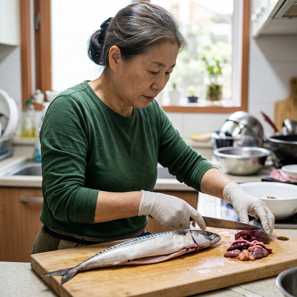 주방 조리대 위 커팅보드에 놓인 큰 생선, 내장 부위가 칼로 분리되어 따로 놓여 있고 옆에 장갑 낀 손이 보이는 조리 준비 장면