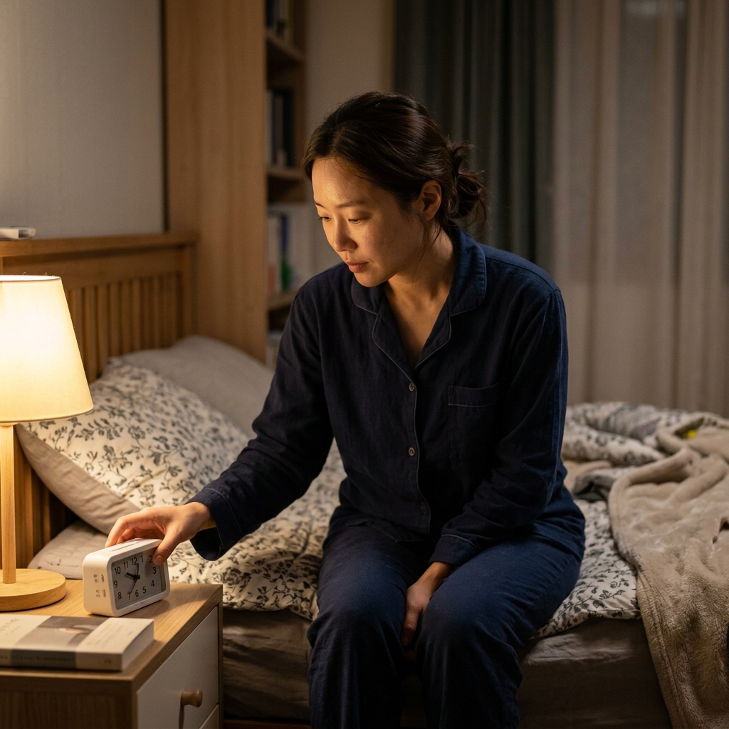 침대 옆 시계를 보며 취침 시간을 조정하는 30대 직장인의 모습, 밤 시간대 실내 조명