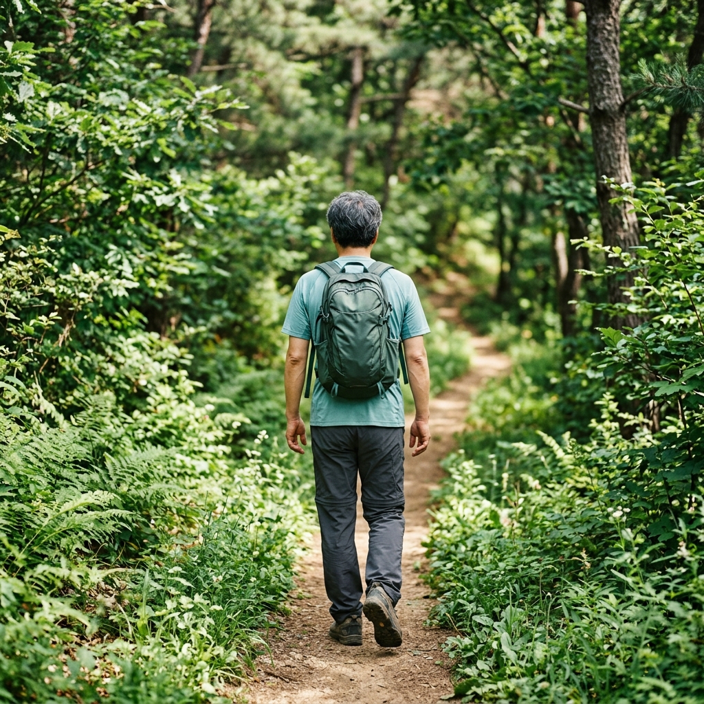 숲길을 걷고 있는 중년 등산객의 뒷모습, 소매가 짧은 상의를 입고 있으며 주변에 초록 식생이 보이는 여름 풍경