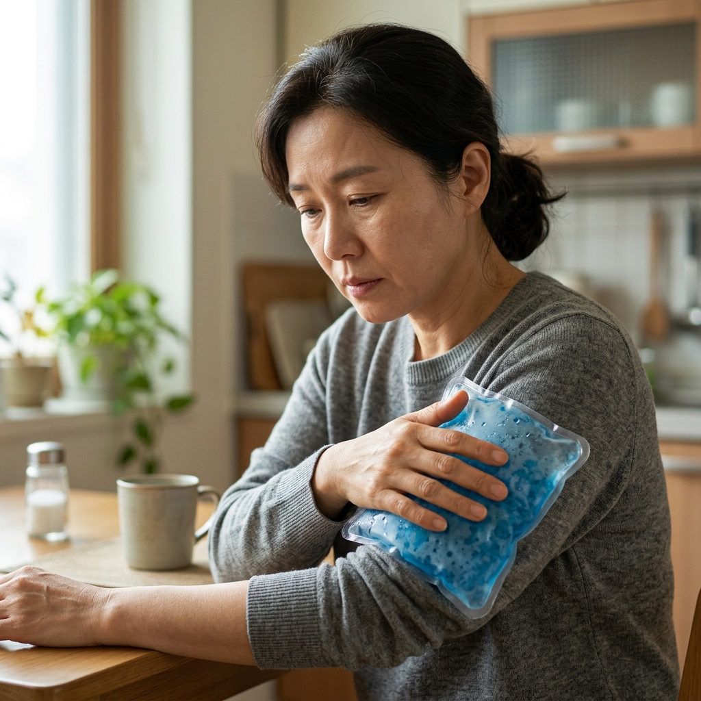 얼음주머니를 팔에 대고 있는 사람의 손, 실내 배경