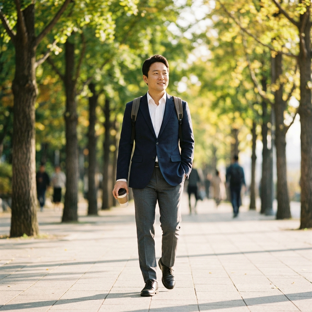 아침 햇살 받으며 출근길 가벼운 산책하는 정장 차림 직장인