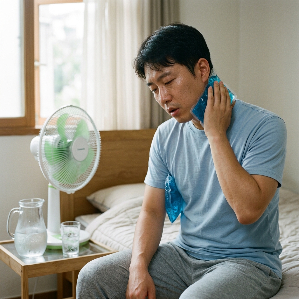실내에서 얼음팩을 목과 겨드랑이에 대고 있는 사람의 모습, 선풍기와 시원한 물이 준비된 응급 처치 장면