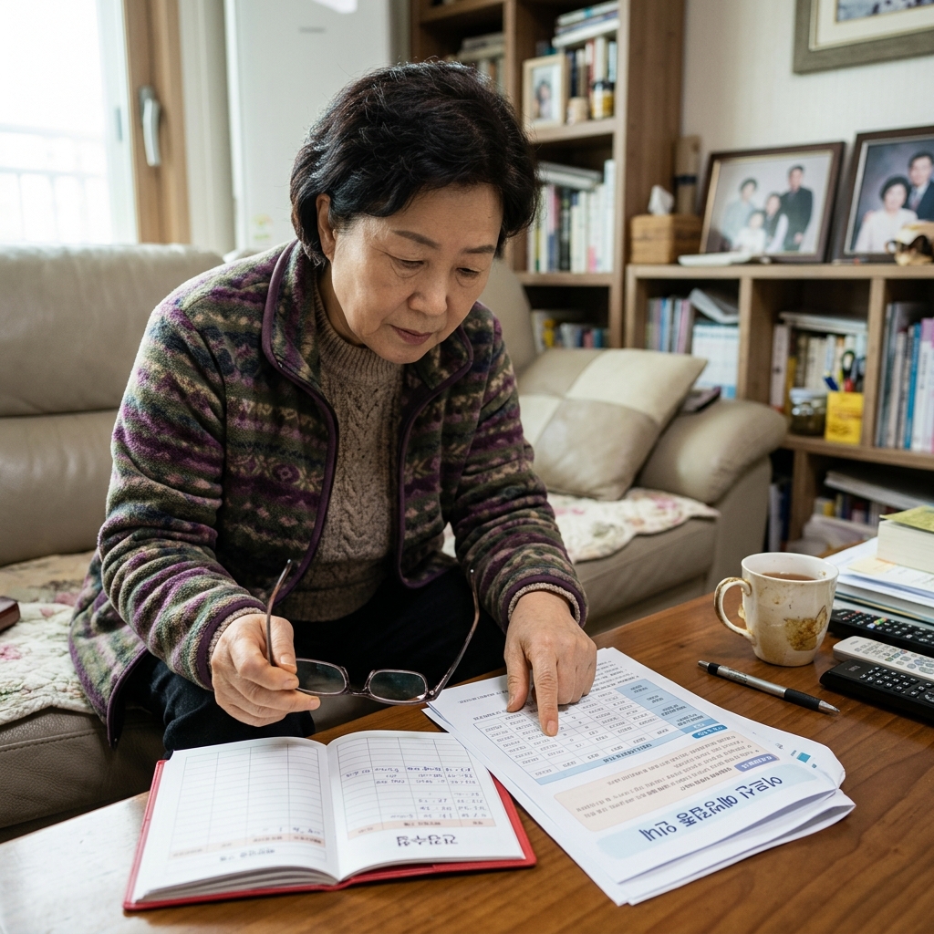 거실 테이블에서 예방접종 안내문과 건강수첩을 펼쳐놓고 확인하는 70대 여성의 모습