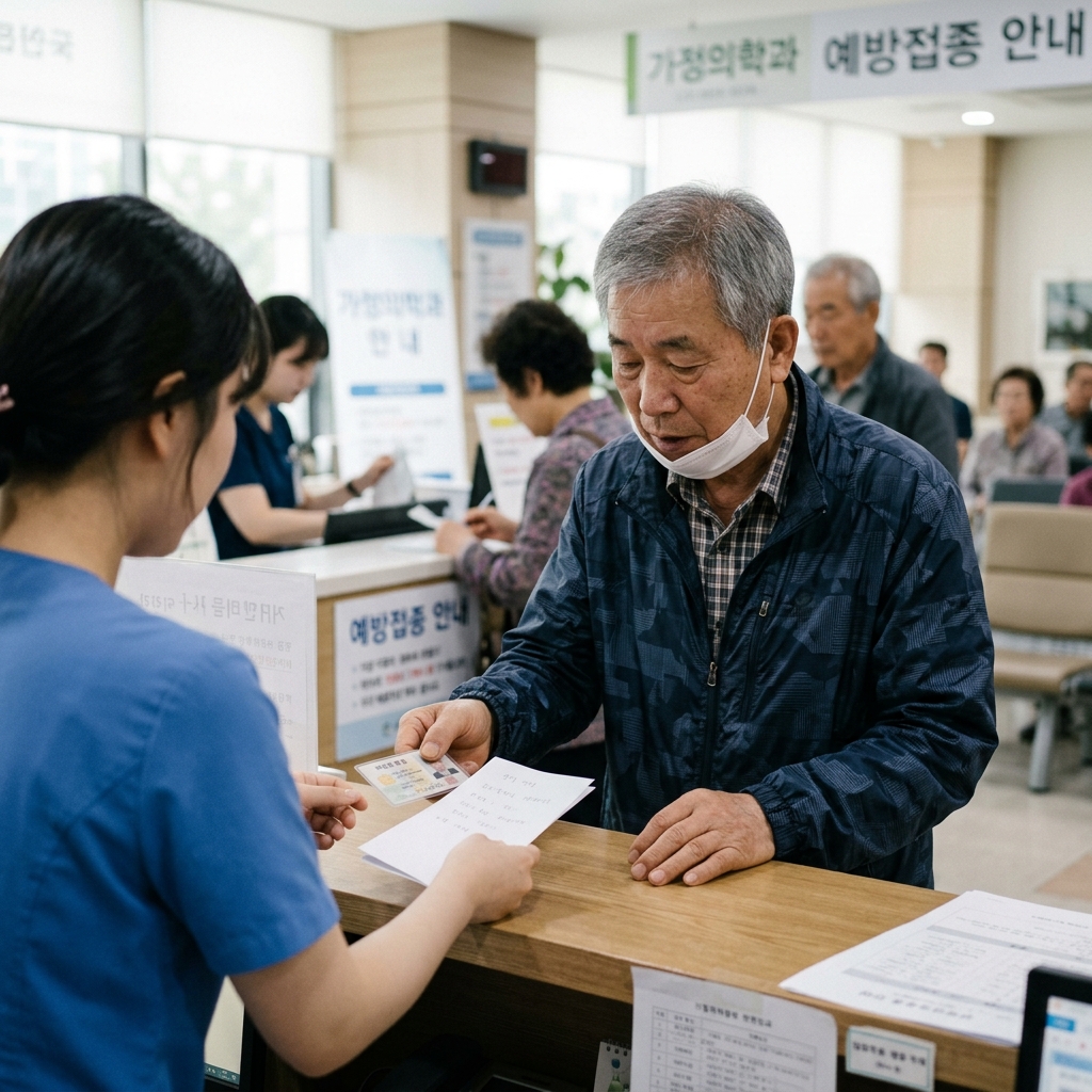 병원 접수 창구에서 예방접종 상담을 위해 신분증과 메모지를 건네는 65세 남성의 모습