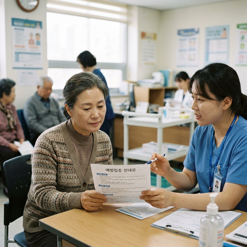 50대 중반 한국인 여성이 보건소 접종실에서 의료진과 상담하며 예방접종 안내문을 확인하는 장면, 자연광, 차분한 표정
