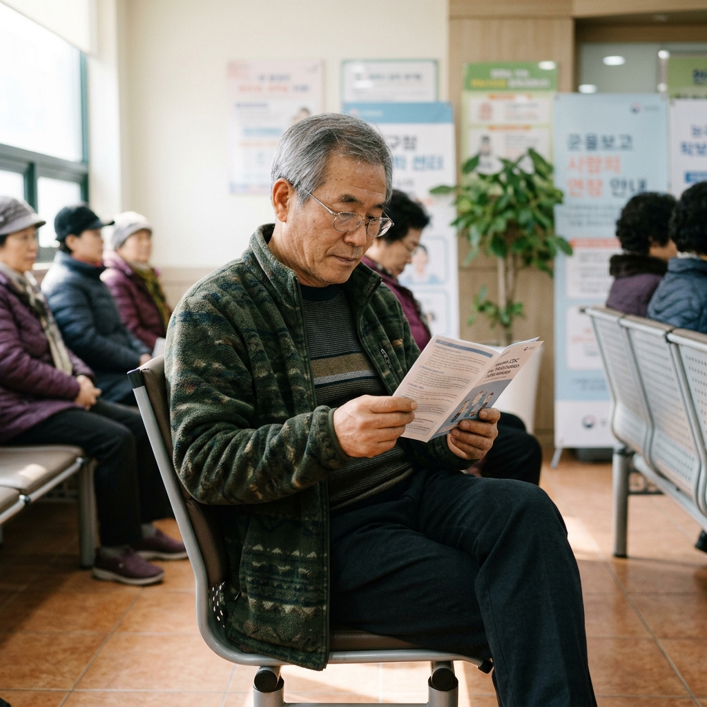 60대 초반 한국인 남성이 보건소 대기실 의자에 앉아 예방접종 안내 책자를 읽고 있는 장면, 실내 조명, 편안한 자세