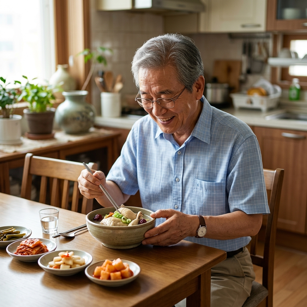 밝은 색 반팔 셔츠 입은 70대 어르신이 식탁에 앉아 여름철 보양식을 앞에 두고 있는 실내 장면