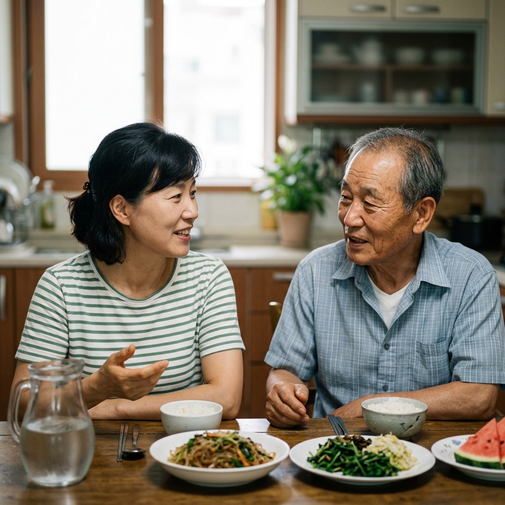 가벼운 반팔 차림의 중년 보호자가 70대 어르신과 함께 식탁에서 여름철 음식에 대해 대화하는 실내 장면