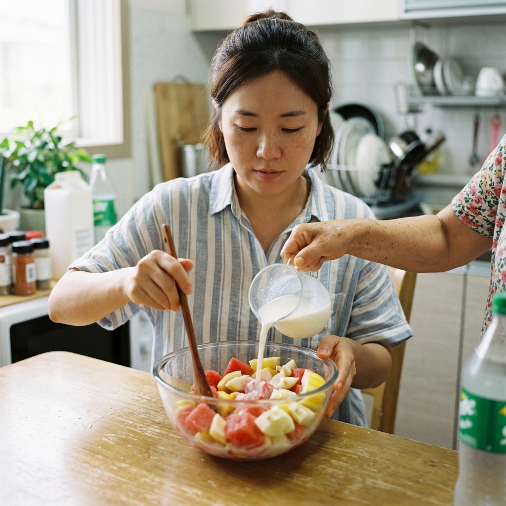 유리 볼에 담긴 수박과 참외, 우유와 사이다를 섞는 모습, 밝은 주방 배경, 가벼운 여름 복장