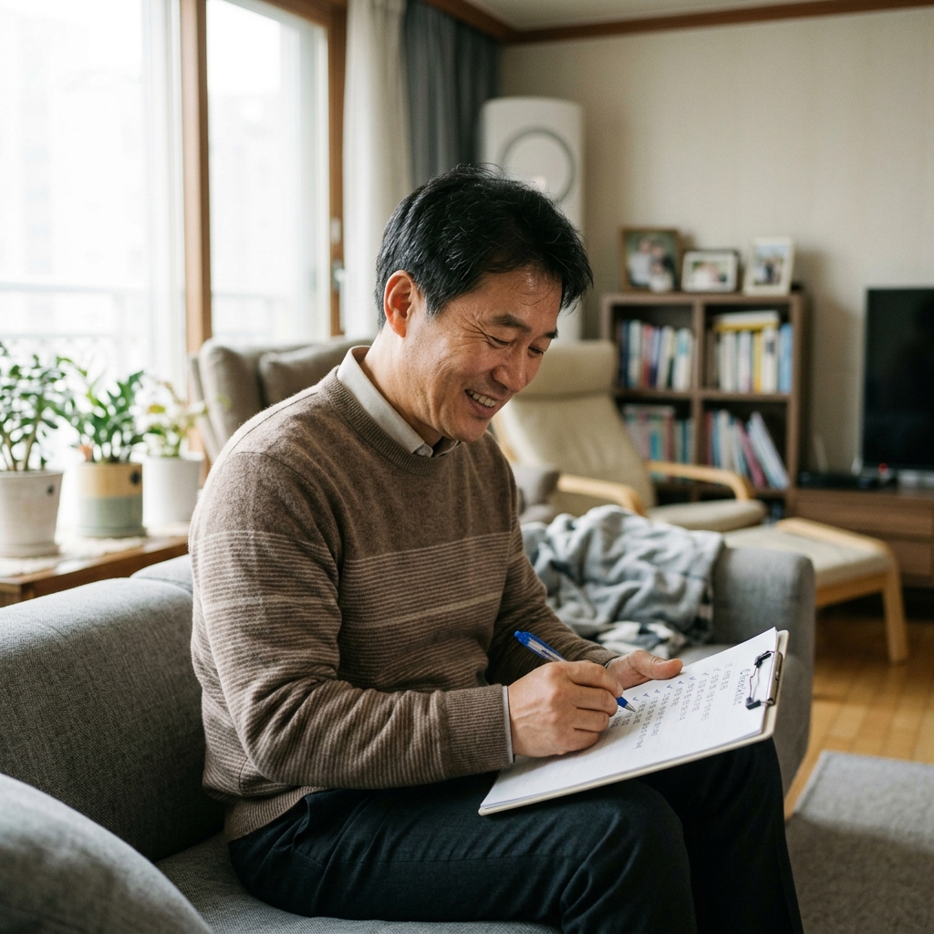 집안 거실 소파에 앉아 손에 체크리스트 종이를 들고 펜으로 항목을 체크하는 50대 중반 남성의 모습